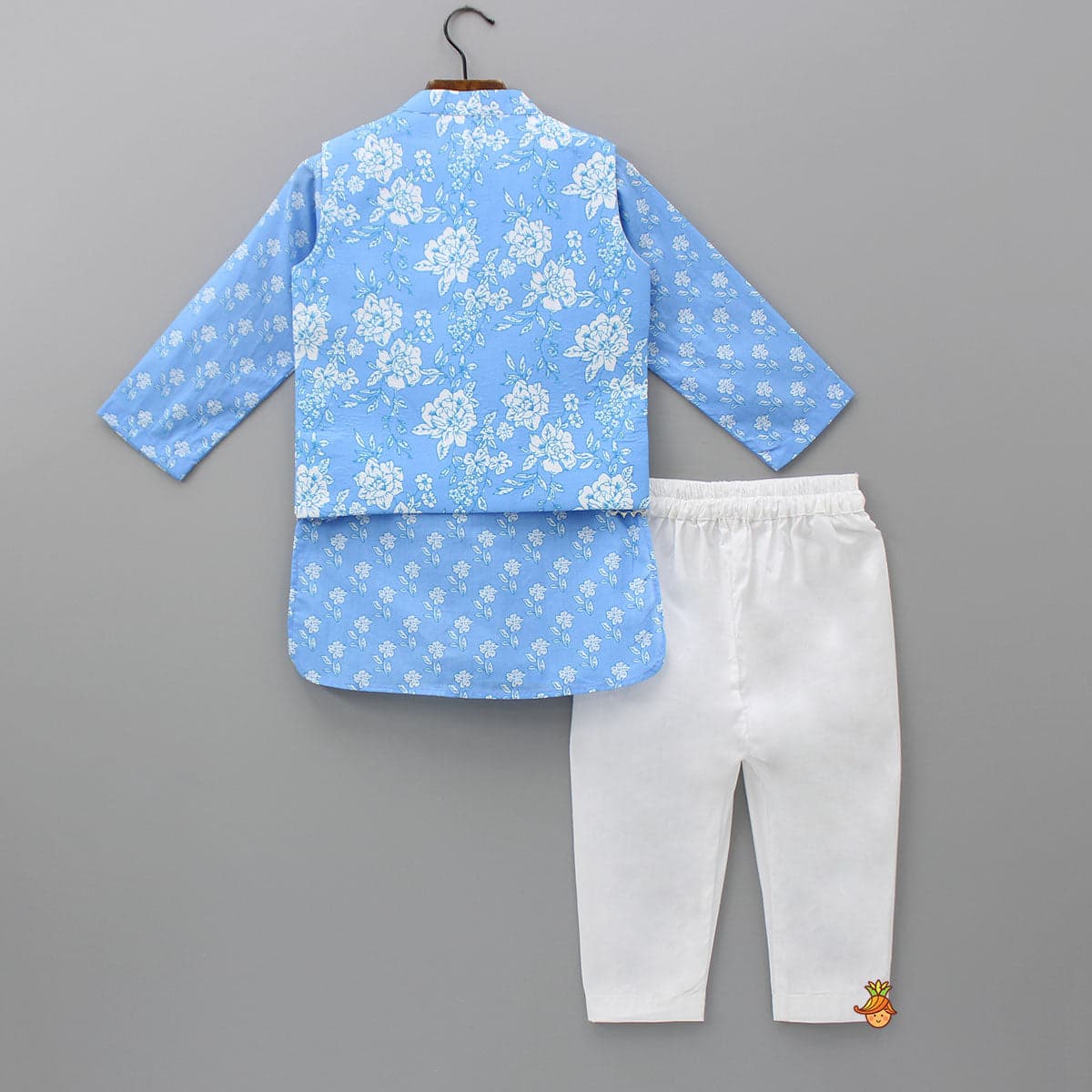 Pre Order: Gota Lace Detailed Powder Blue Ethnic Kurta With Floral Printed Jacket And Pyjama view