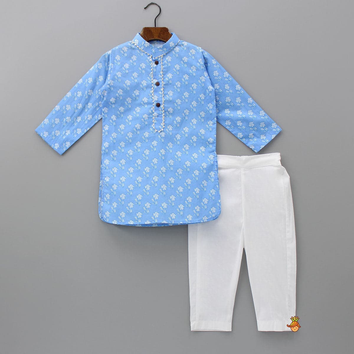 Pre Order: Gota Lace Detailed Powder Blue Ethnic Kurta With Floral Printed Jacket And Pyjama view
