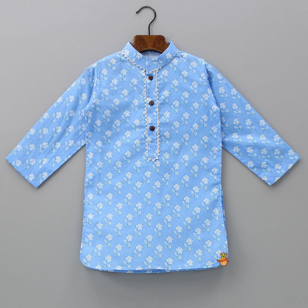 Pre Order: Gota Lace Detailed Powder Blue Ethnic Kurta With Floral Printed Jacket And Pyjama view
