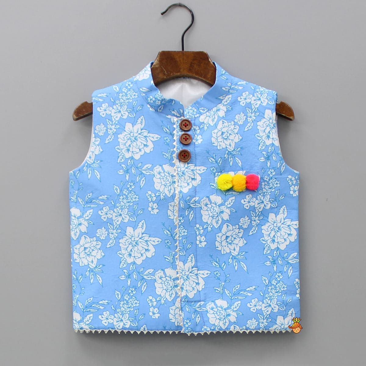 Pre Order: Gota Lace Detailed Powder Blue Ethnic Kurta With Floral Printed Jacket And Pyjama view