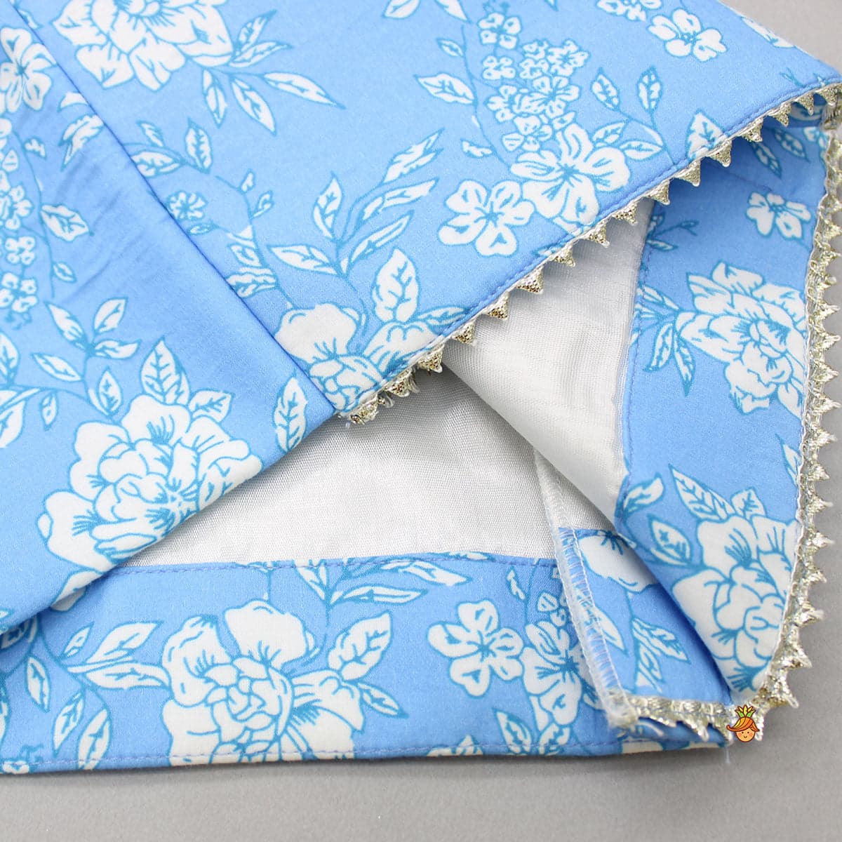 Pre Order: Gota Lace Detailed Powder Blue Ethnic Kurta With Floral Printed Jacket And Pyjama view
