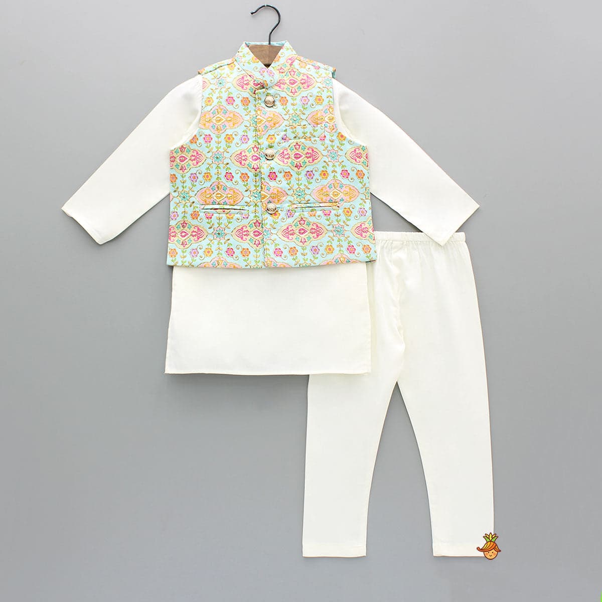 Pre Order: Zari Thread Embroidered And Floral Printed Ethnic Jacket With Off White Kurta And Pyjama