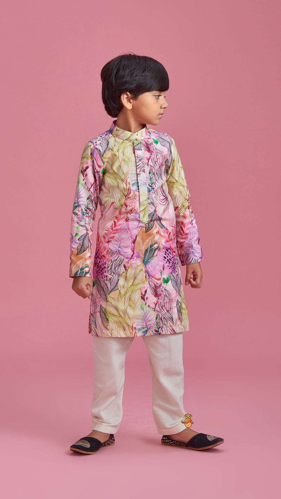 Pre Order: Multicolour Leaf Printed Peach Ethnic Kurta And Churidar view
