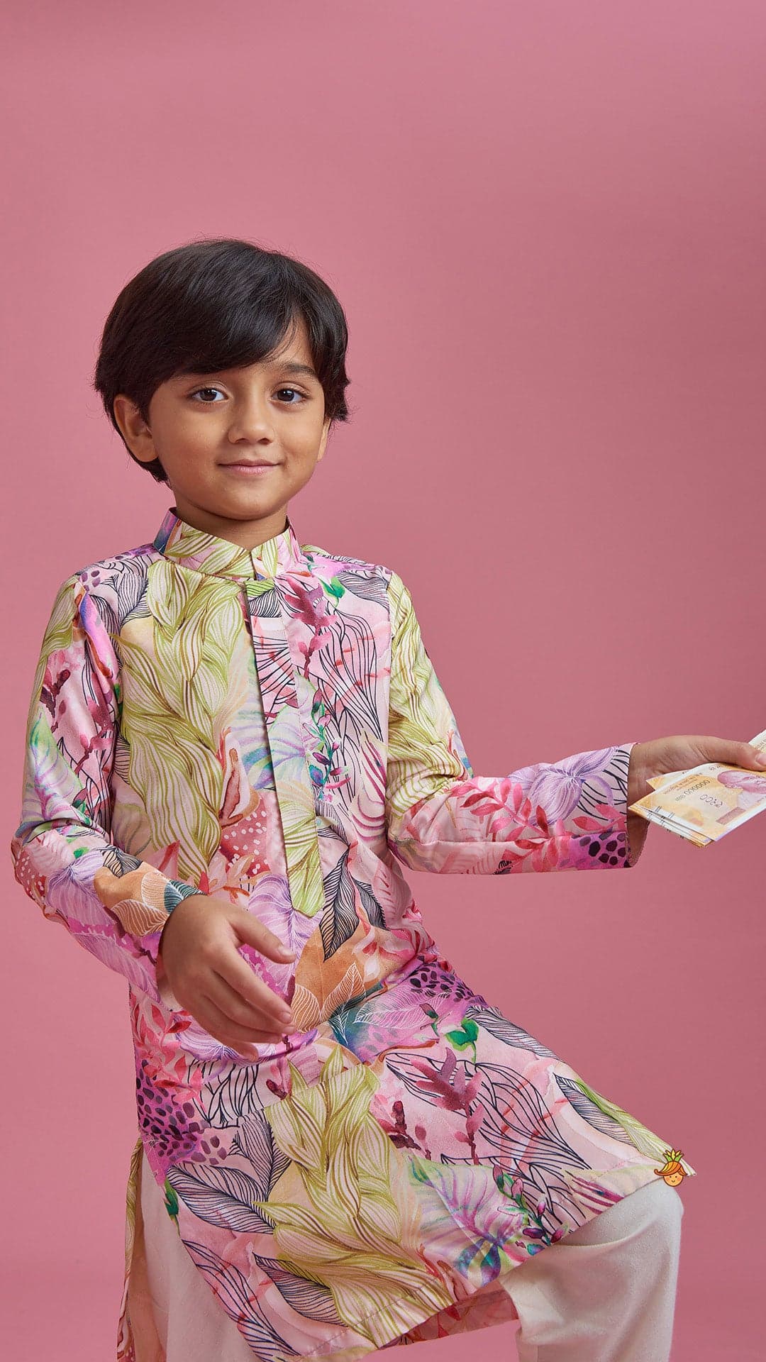 Pre Order: Multicolour Leaf Printed Peach Ethnic Kurta And Churidar view
