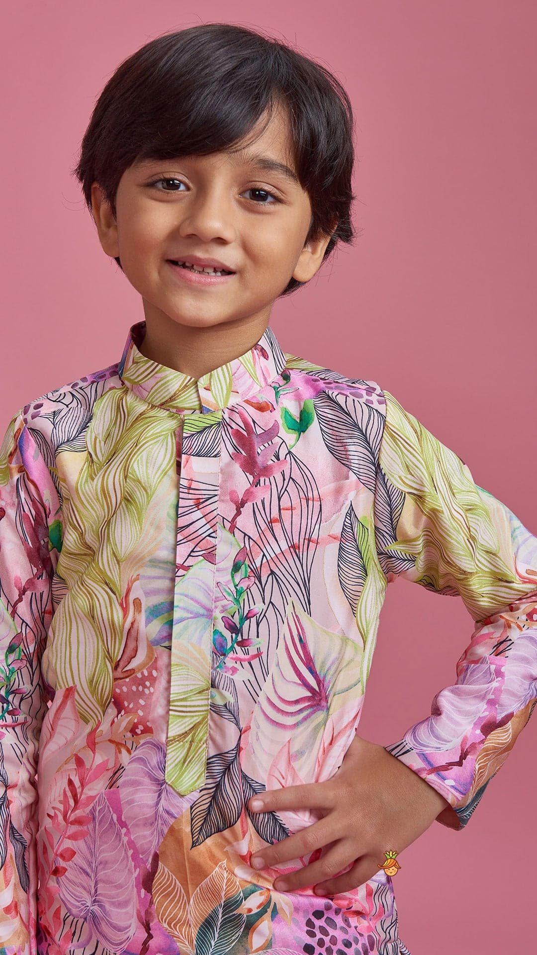 Pre Order: Multicolour Leaf Printed Peach Ethnic Kurta And Churidar view