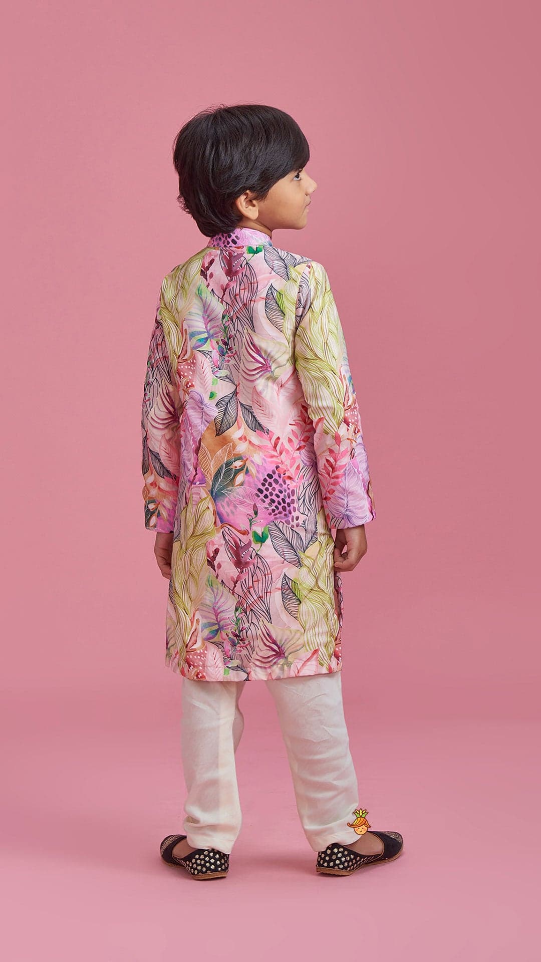 Pre Order: Multicolour Leaf Printed Peach Ethnic Kurta And Churidar view