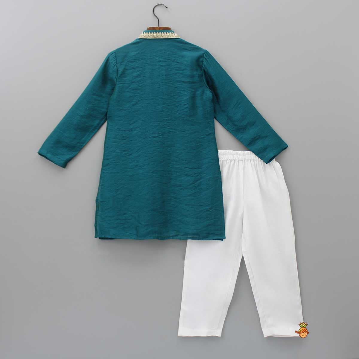 Pre Order: Sequins Embellished Lace Work Teal Blue Ethnic Kurta And Pyjama view