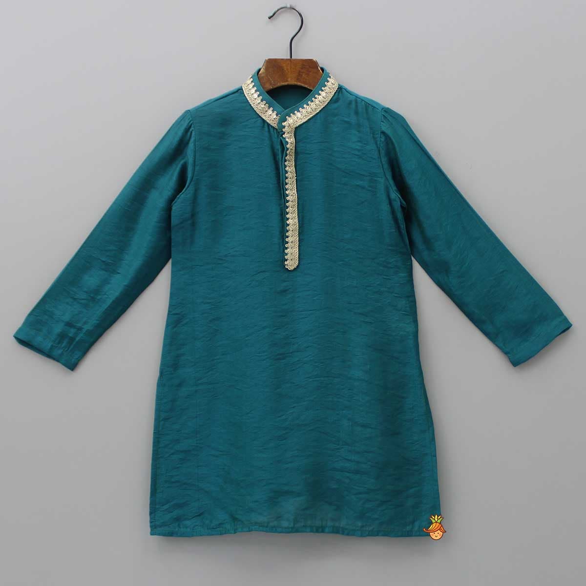 Pre Order: Sequins Embellished Lace Work Teal Blue Ethnic Kurta And Pyjama view