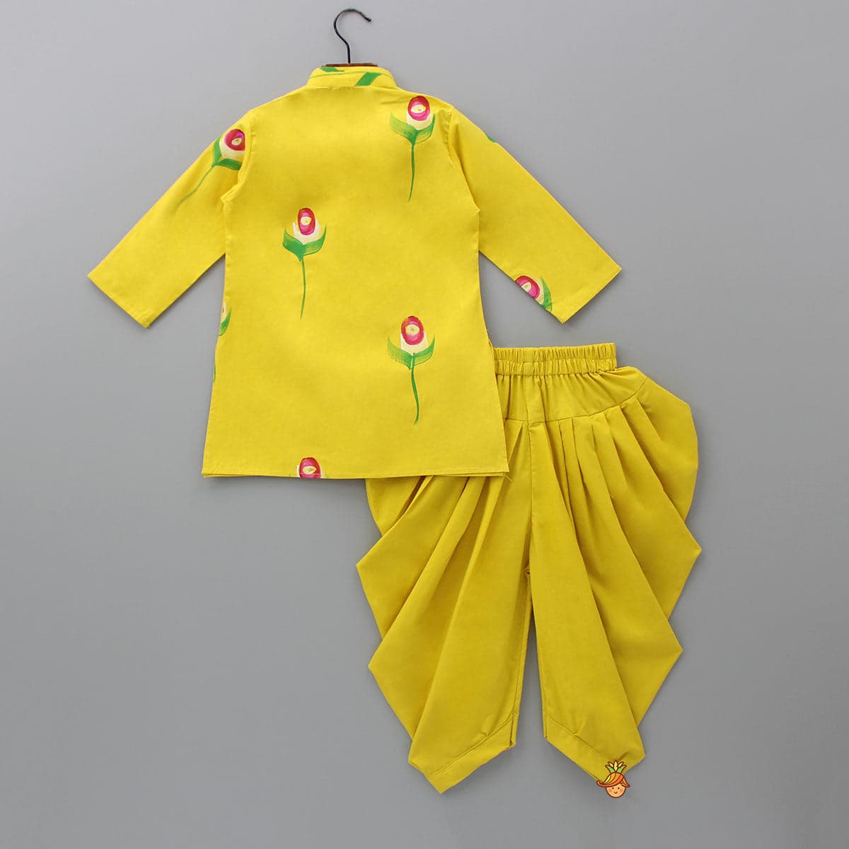 Flower And Leaf Printed Mustard Yellow Kurta And Dhoti view