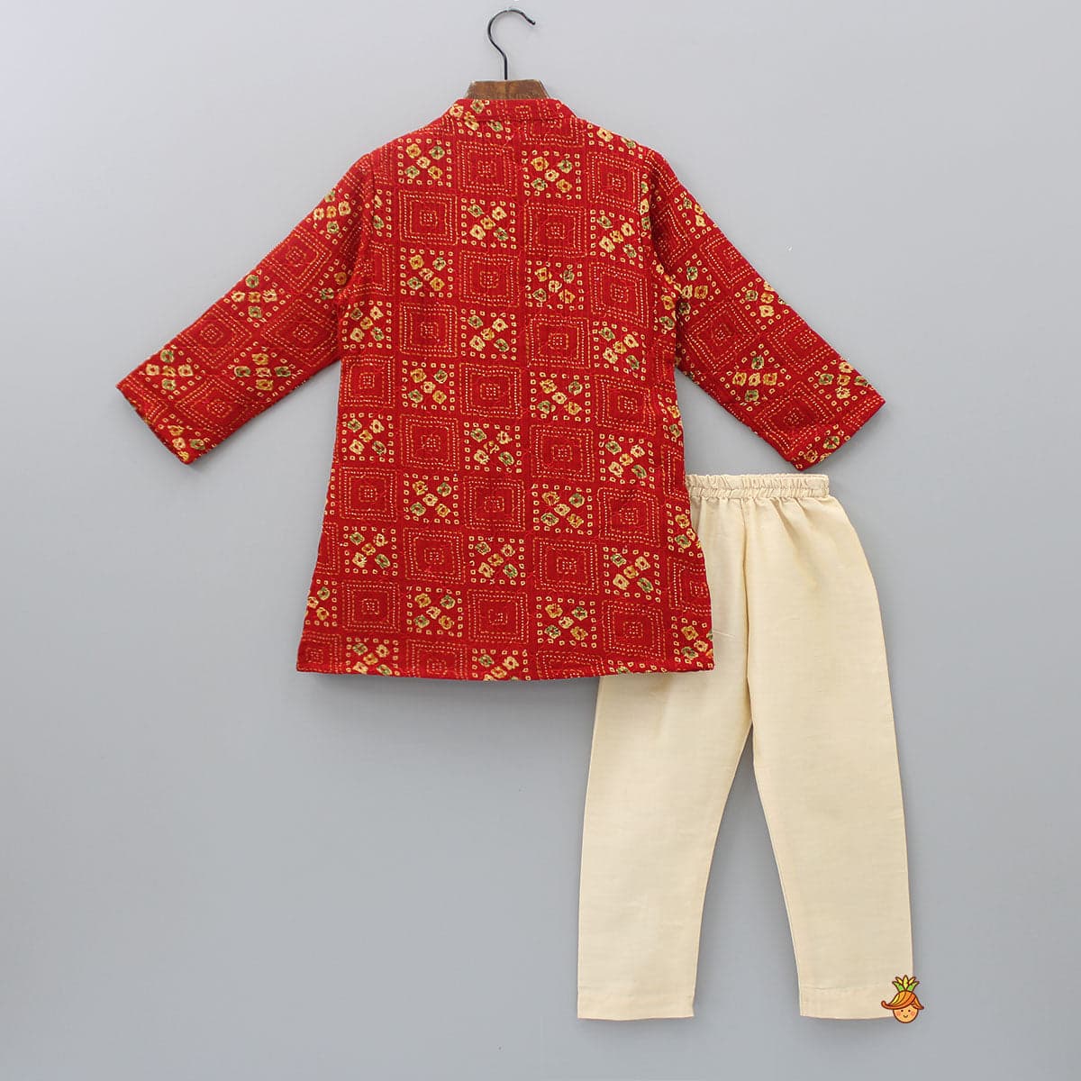 Red Bandhani Printed Kurta With Beige Pyjama view