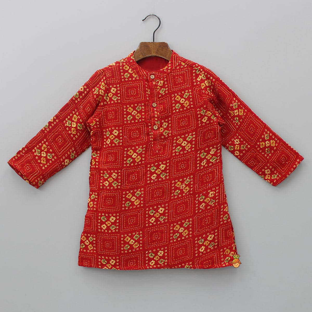 Red Bandhani Printed Kurta With Beige Pyjama view