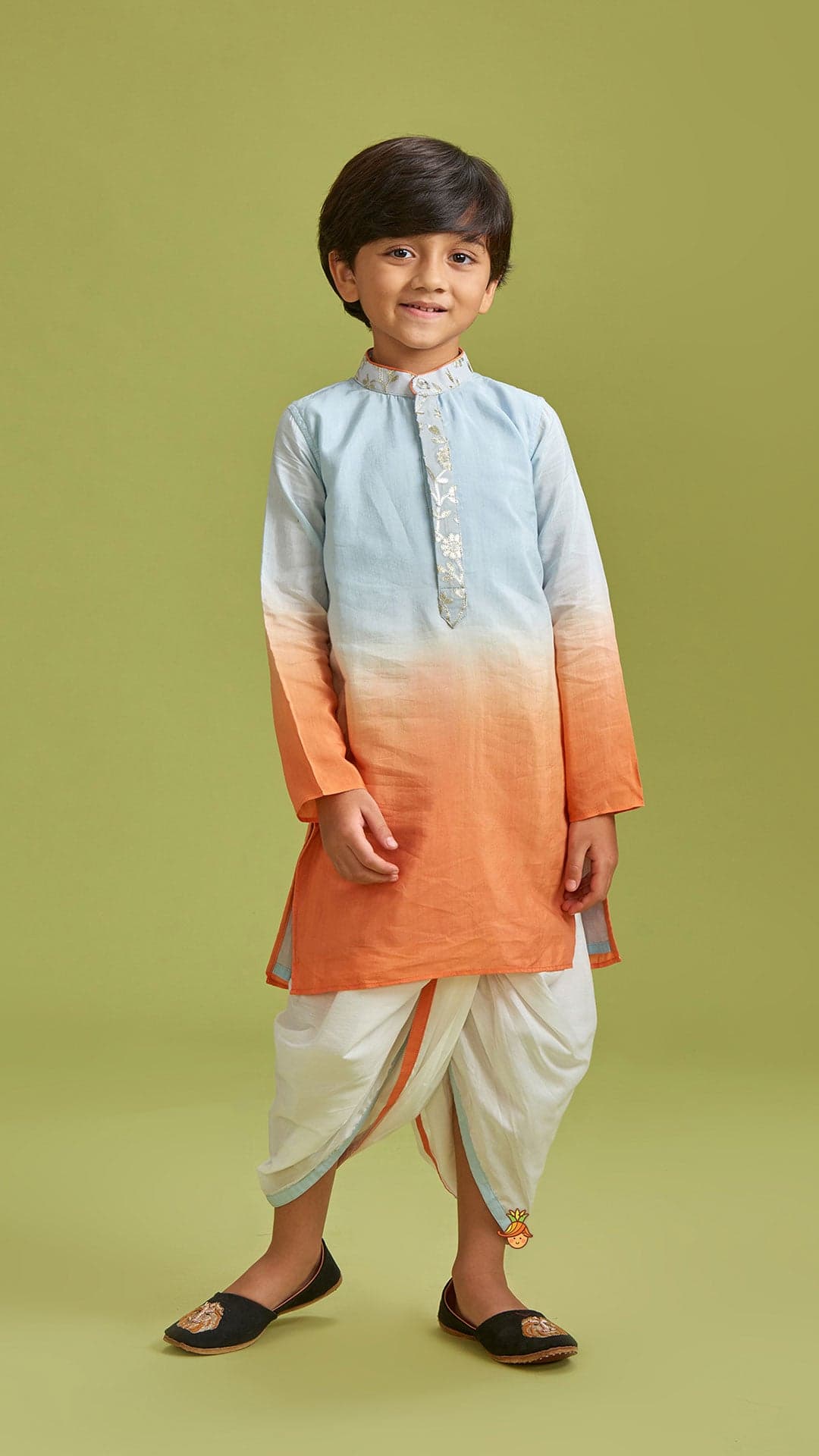 Pre Order: Orange And Blue Ombre Kurta With Dhoti view