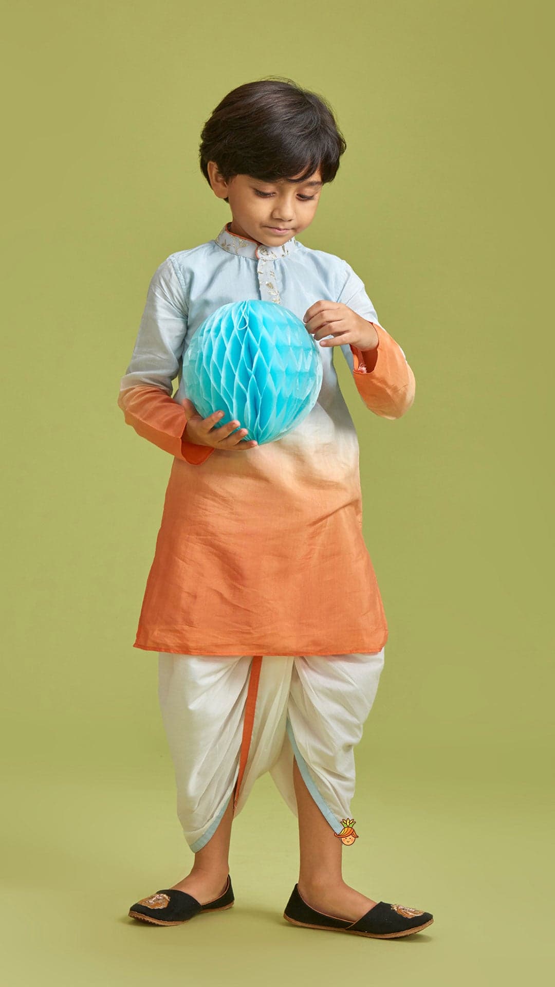 Pre Order: Orange And Blue Ombre Kurta With Dhoti view