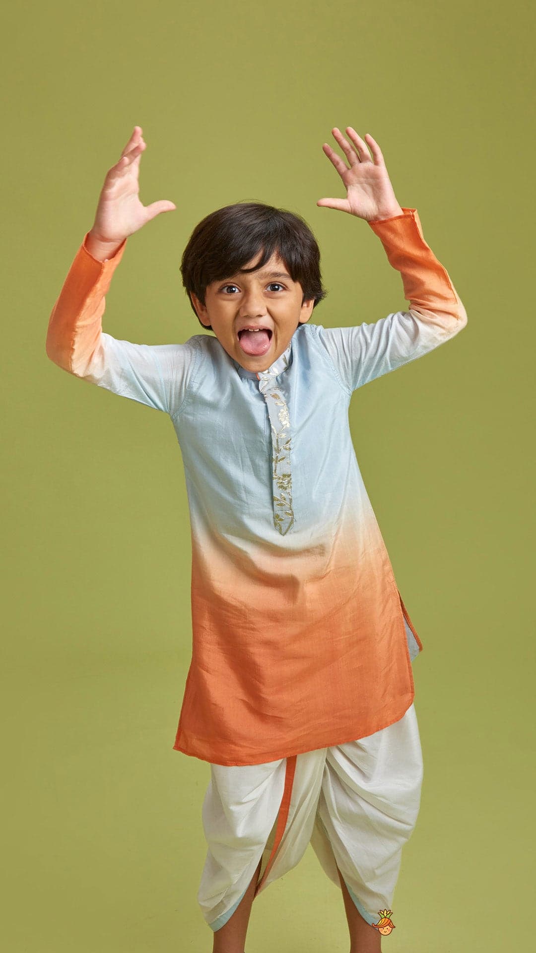 Pre Order: Orange And Blue Ombre Kurta With Dhoti view