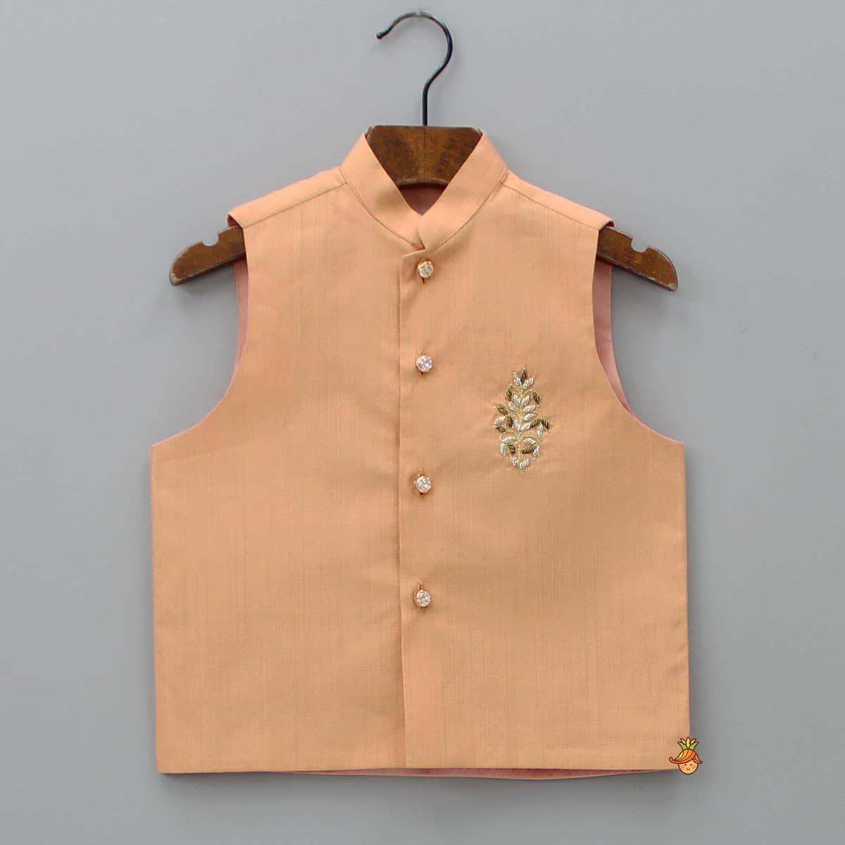 Peach Kurta With Zardozi Patch Work Jacket And Churidar view