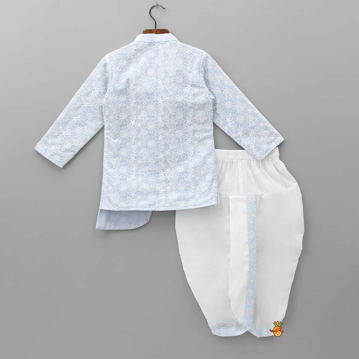 Pre Order: Thread Embroidered Asymmetric Blue Kurta And Dhoti view