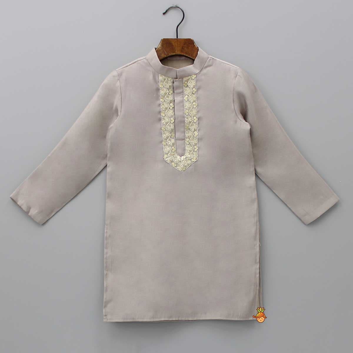 Pre Order: Embroidery And Sequins Lace Brown Kurta And Pyjama view