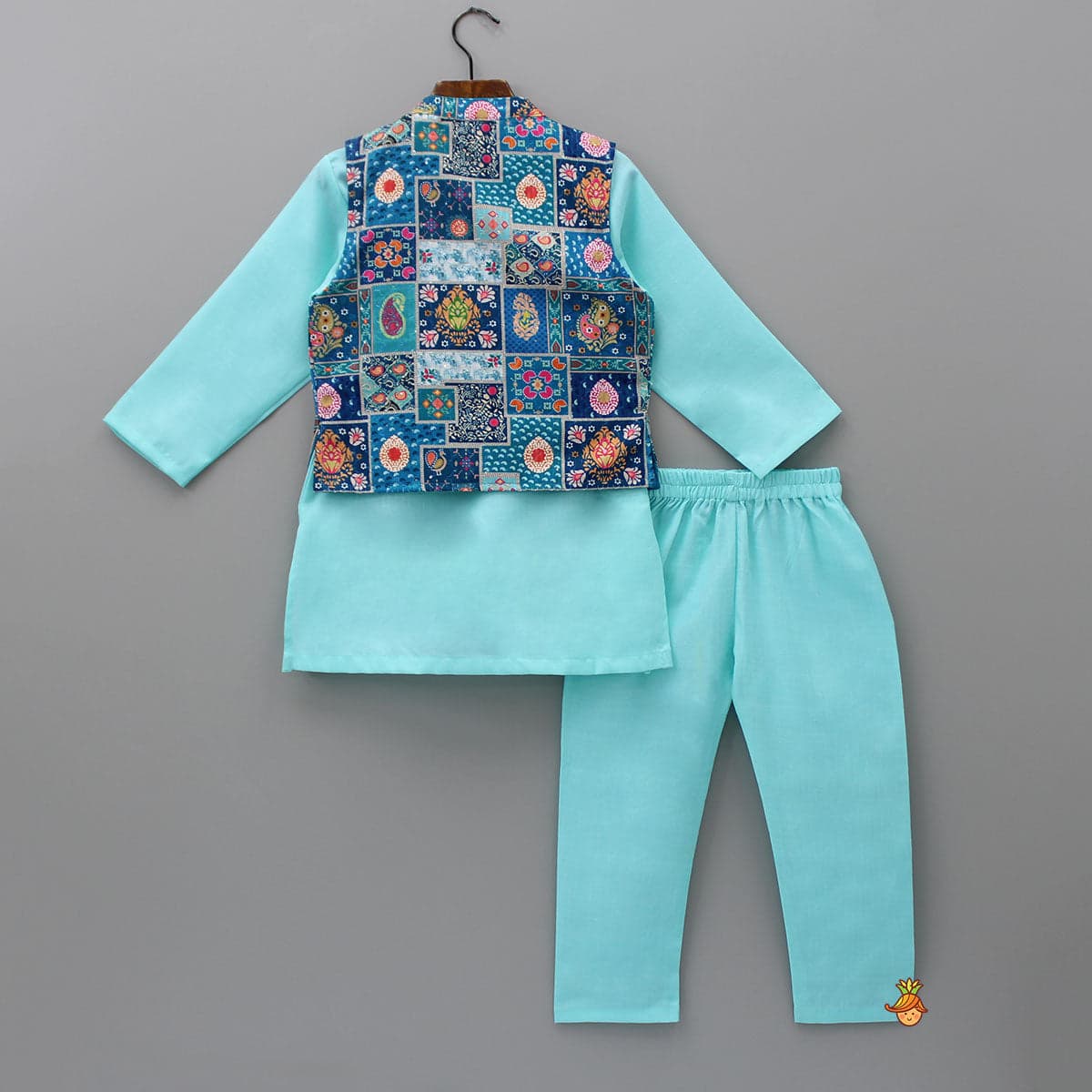 Blue Kurta With Multicolour Jacket And Pyjama view