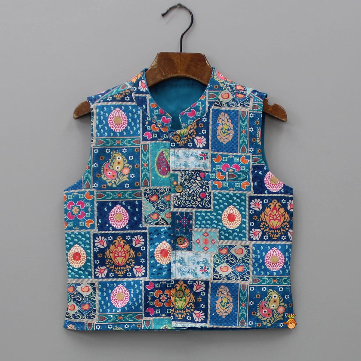 Blue Kurta With Multicolour Jacket And Pyjama view