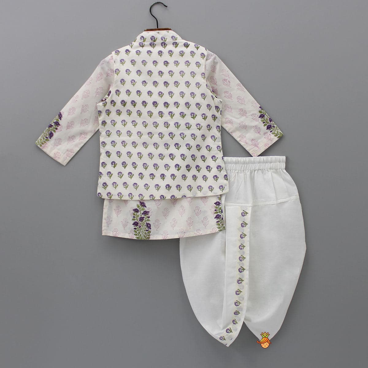 Pre Order: Floral Printed Kurta And Stylish Jacket With Dhoti view