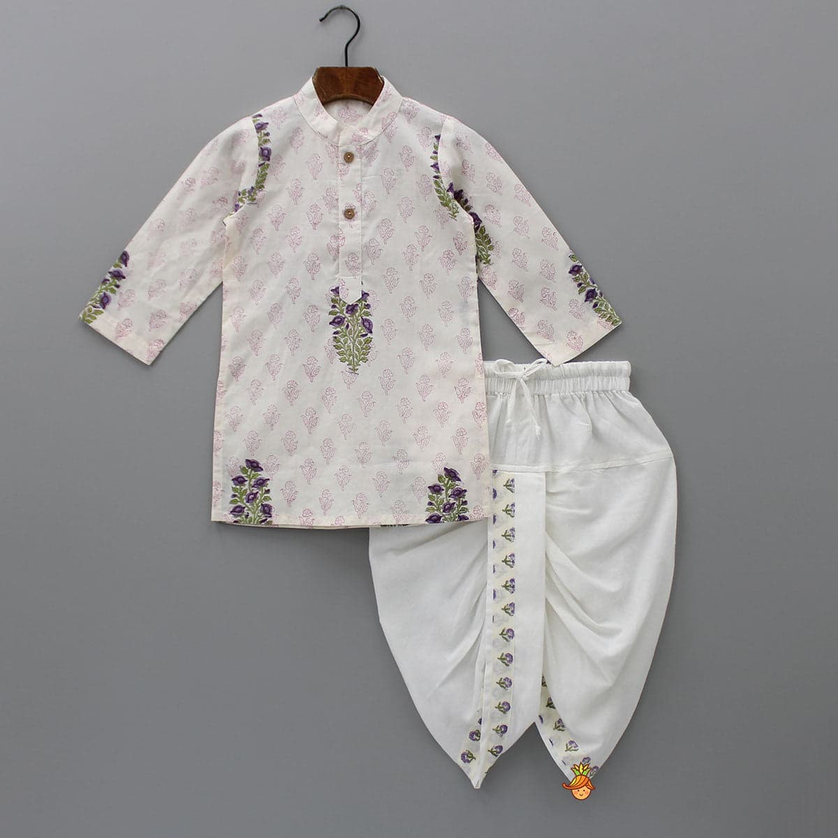 Pre Order: Floral Printed Kurta And Stylish Jacket With Dhoti view