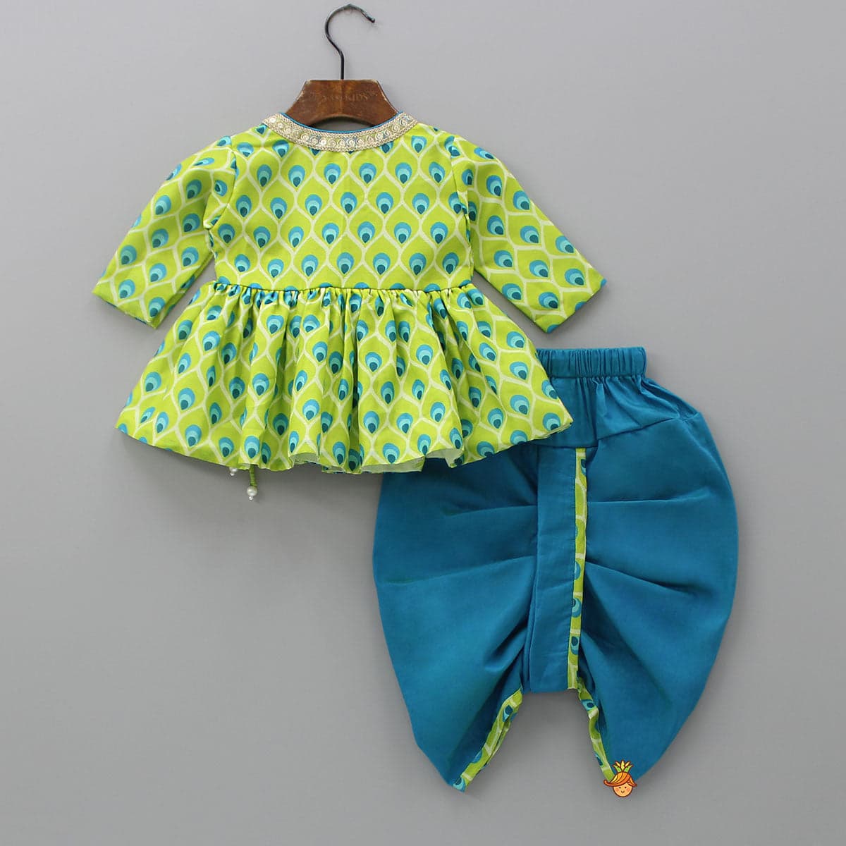 Pre Order: Printed Angarkha Style Green Kurta And Dhoti With Mukut view