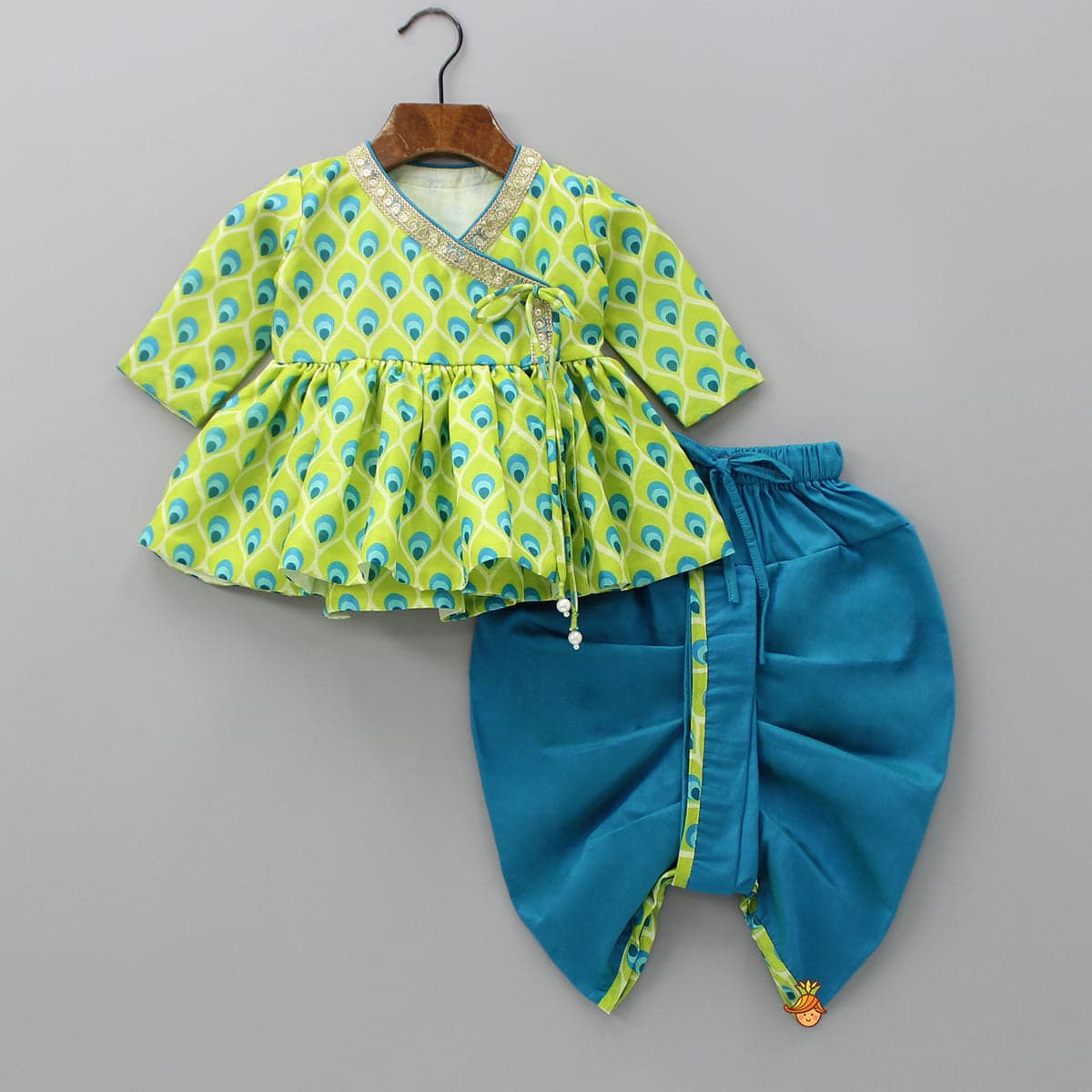 Pre Order: Printed Angarkha Style Green Kurta And Dhoti With Mukut view