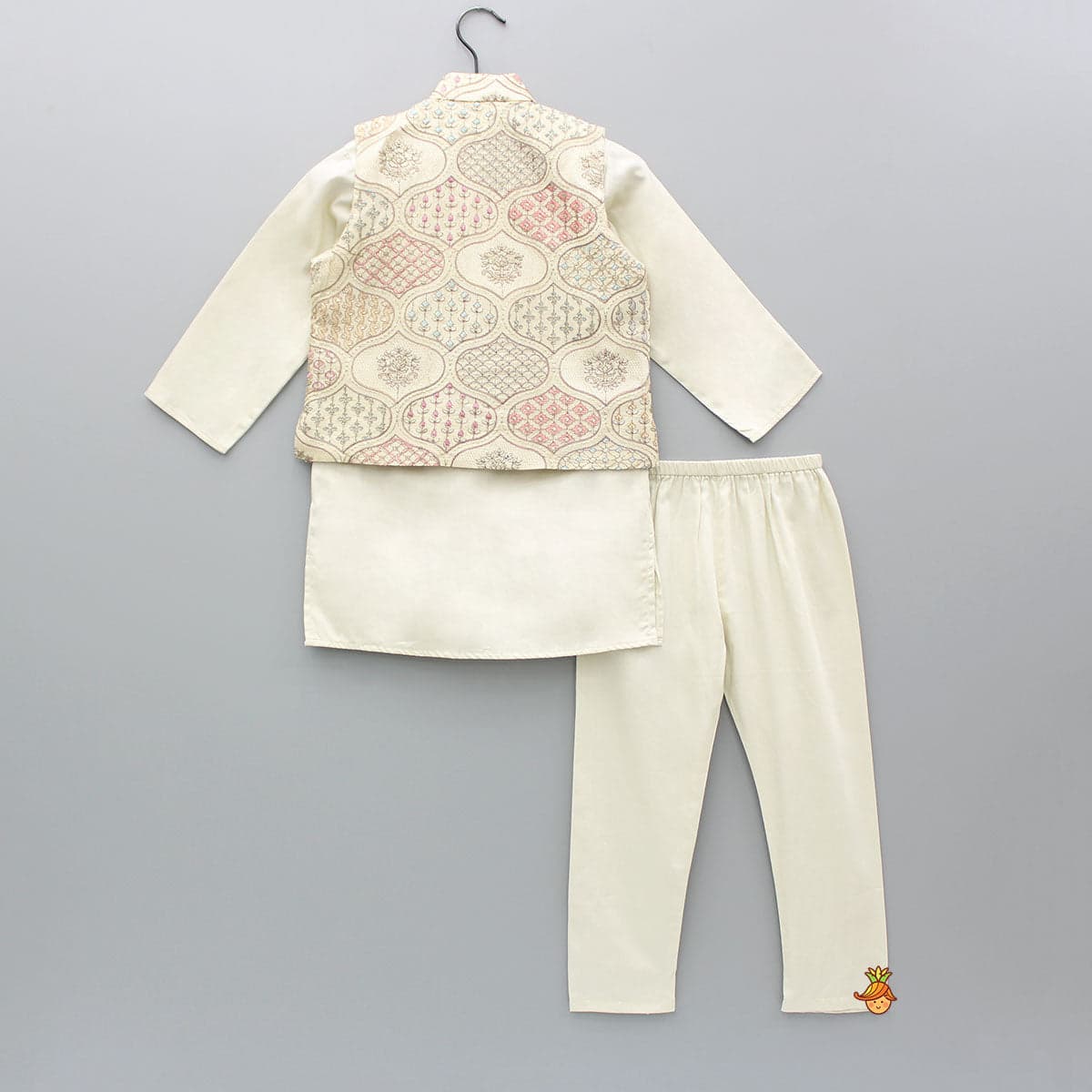 Beige Kurta With Multicolour Embroidered Jacket And Pyjama view