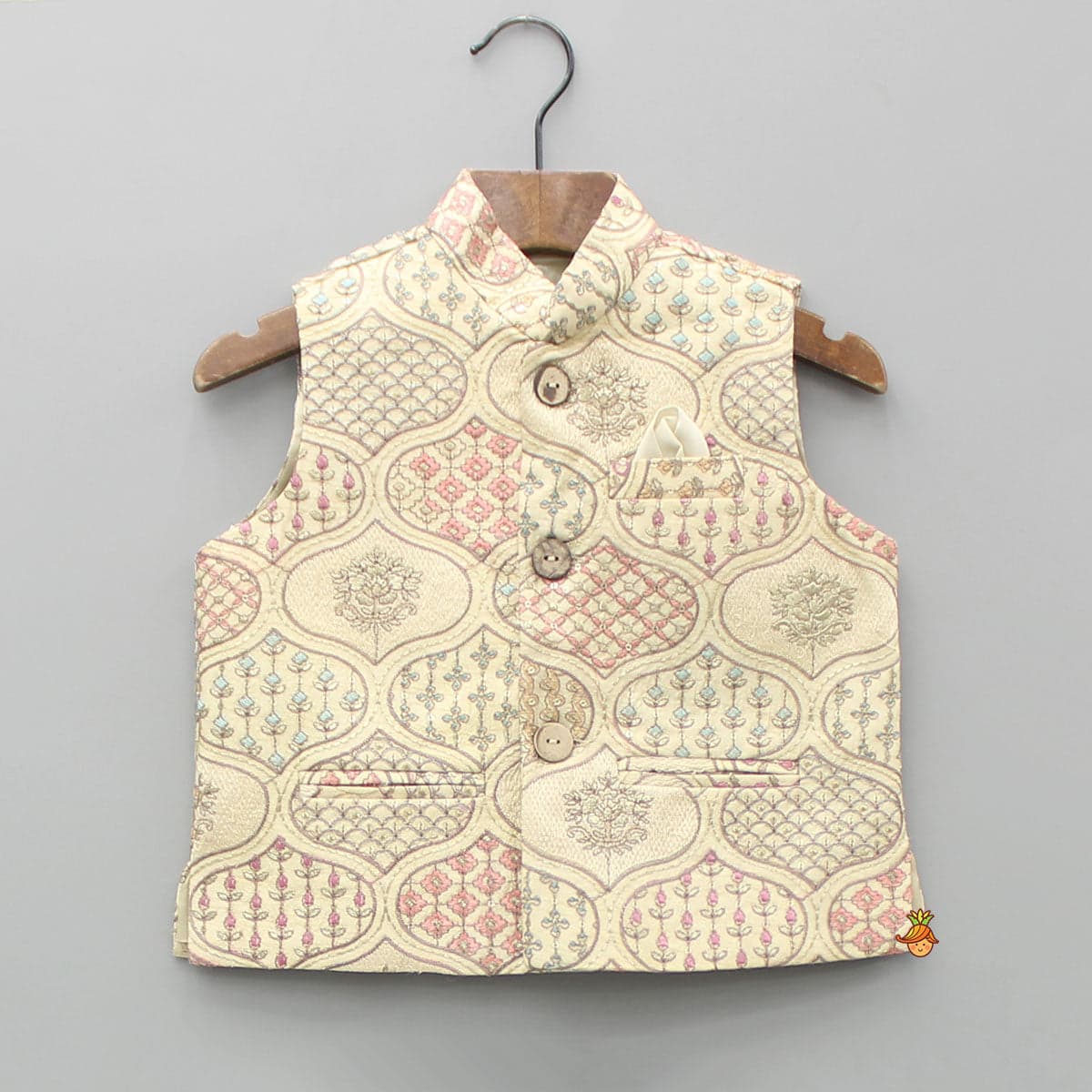 Beige Kurta With Multicolour Embroidered Jacket And Pyjama view