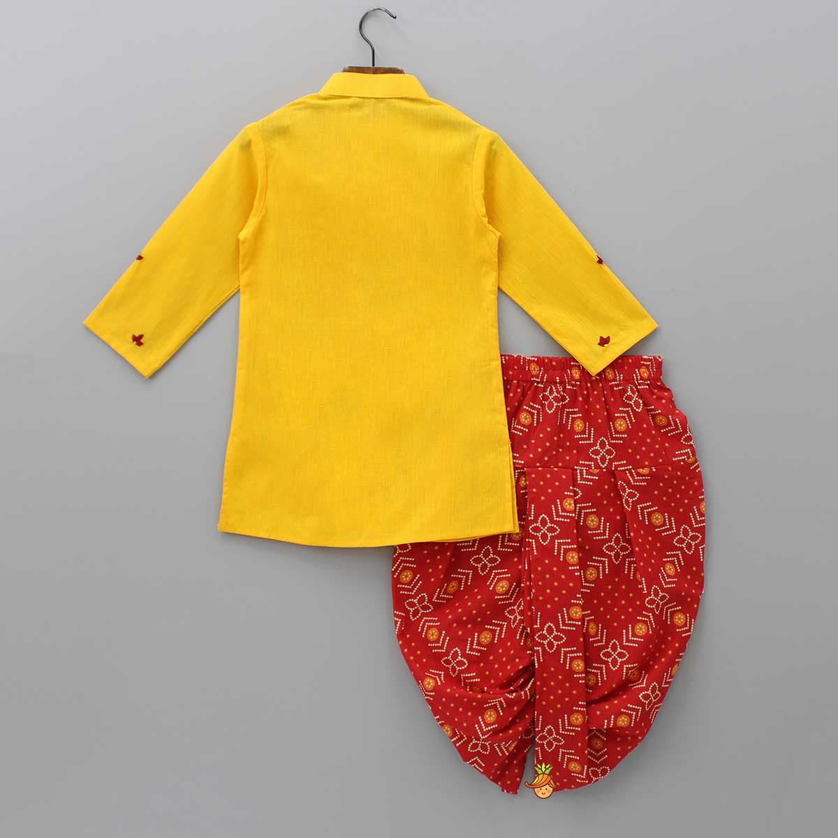 Thread Embroidered Yellow Kurta With Bandhani Printed Red Dhoti view