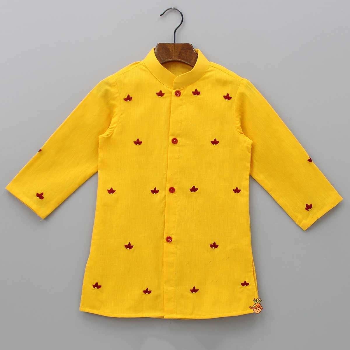 Thread Embroidered Yellow Kurta With Bandhani Printed Red Dhoti view