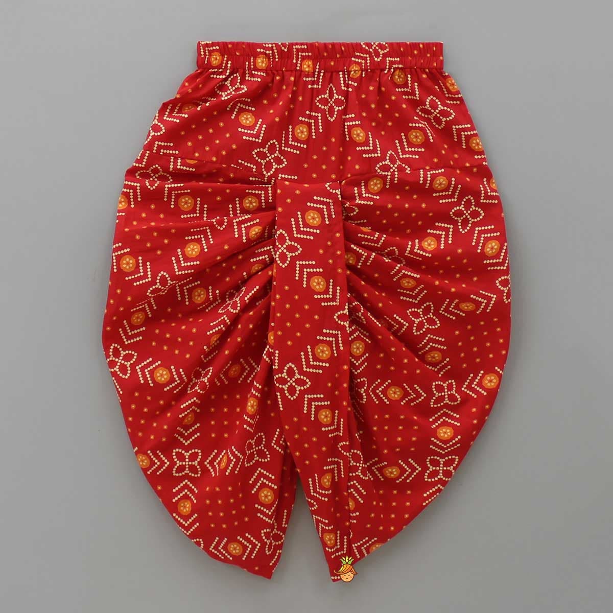 Thread Embroidered Yellow Kurta With Bandhani Printed Red Dhoti view