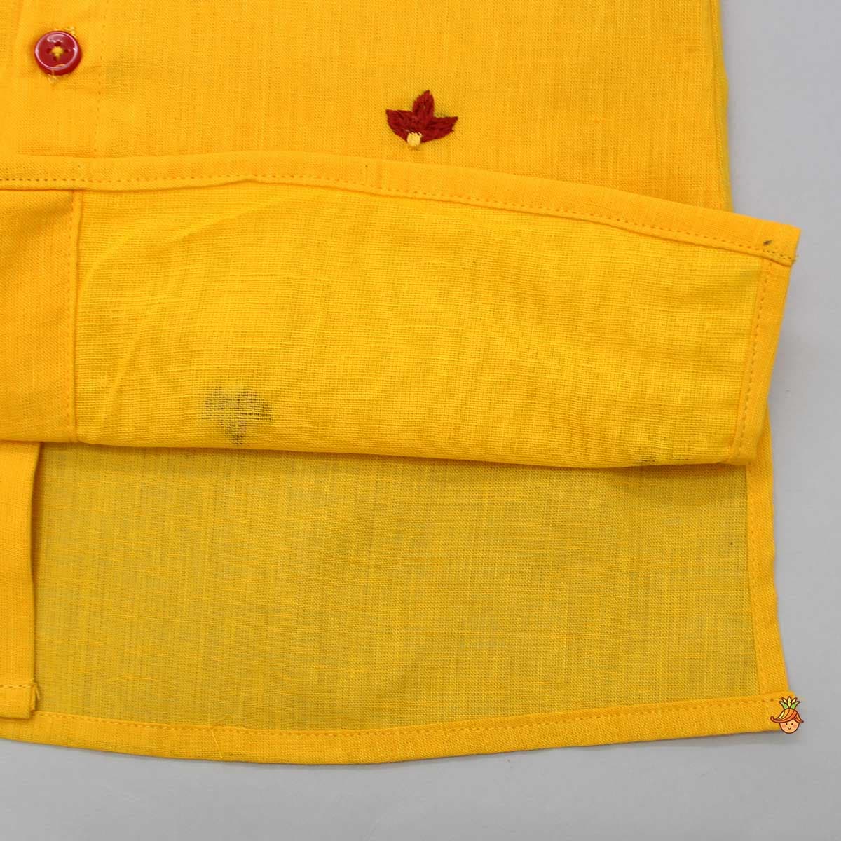 Thread Embroidered Yellow Kurta With Bandhani Printed Red Dhoti view