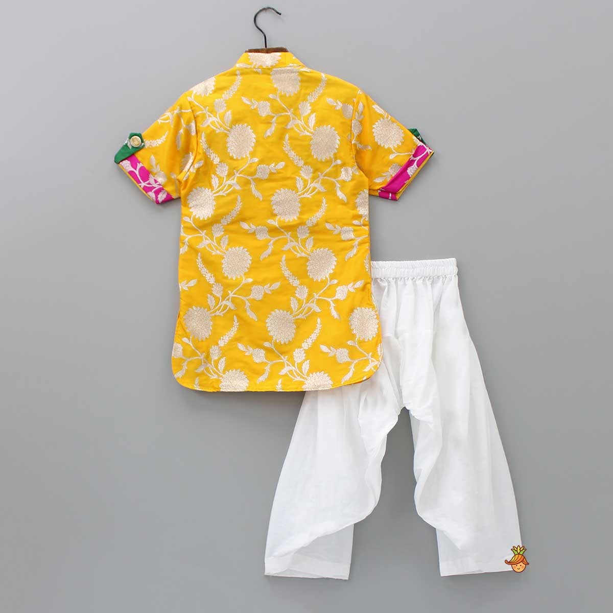 Pre Order: Upturned Sleeves Yellow Floral Brocade Kurta With Patiala view