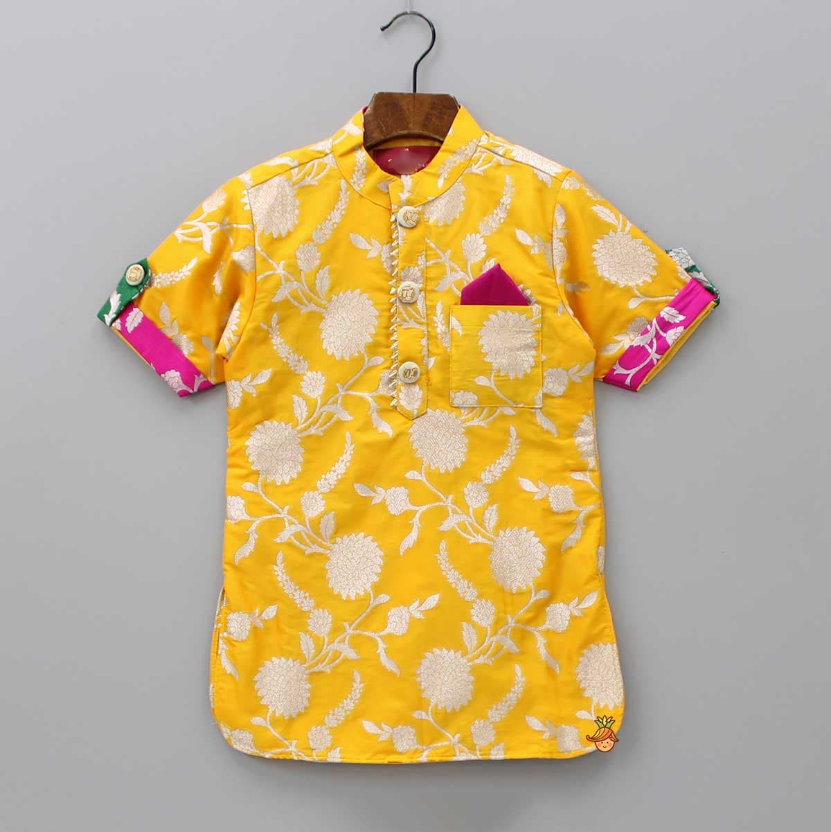 Pre Order: Upturned Sleeves Yellow Floral Brocade Kurta With Patiala view