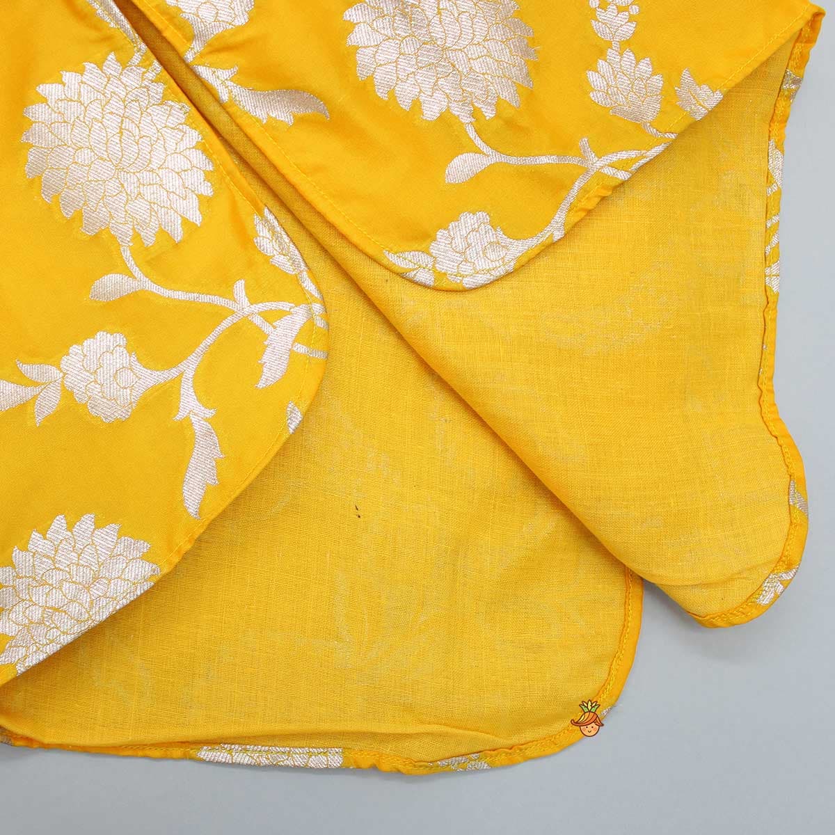 Pre Order: Upturned Sleeves Yellow Floral Brocade Kurta With Patiala view
