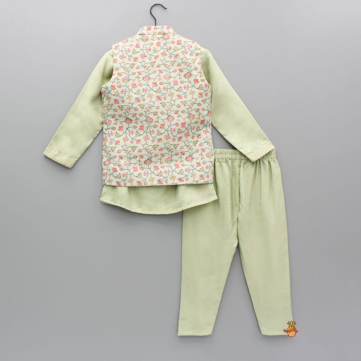 Pre Order: Green Kurta With Embroidered Jacket And Pyjama view