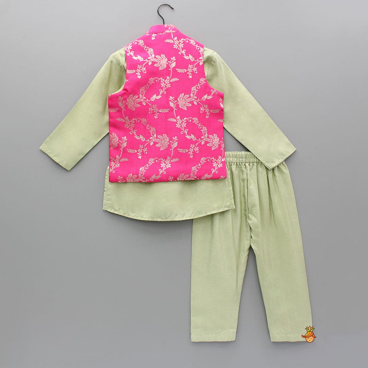 Pre Order: Green Kurta And Pink Embroidered Jacket With Pyjama view