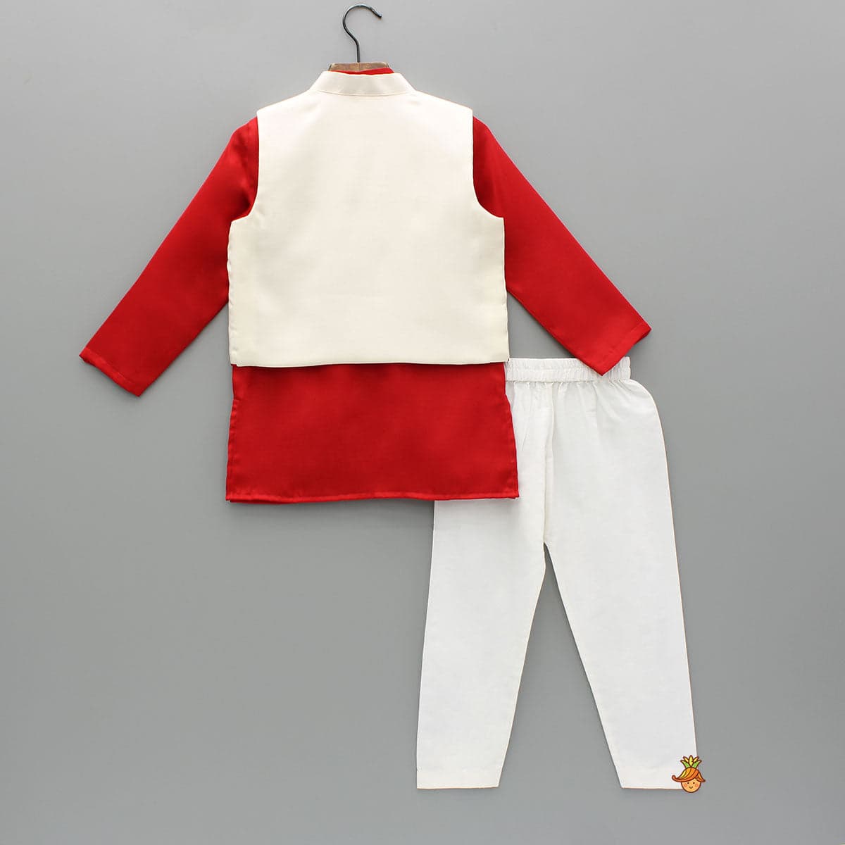 Pre Order: Red Kurta With Embroidered Front Open Jacket And Pyjama view