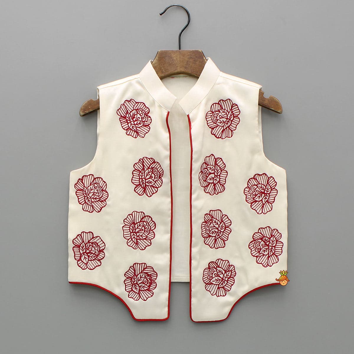 Pre Order: Red Kurta With Embroidered Front Open Jacket And Pyjama view