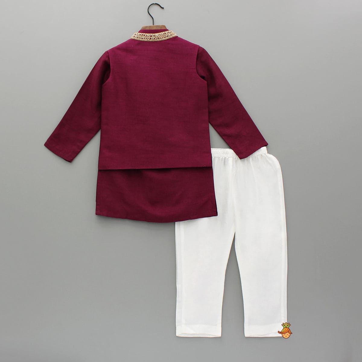 Pre Order: Maroon Kurta With Embroidered Jacket And Pyjama view