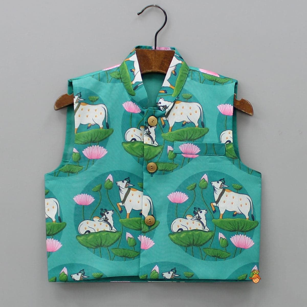 Silk Green Kurta With Front Open Pocket Detail Printed Jacket And Cotton Pyjama view
