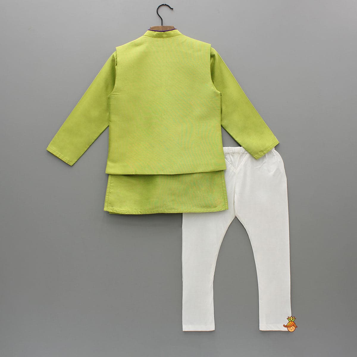 Pre Order: Green Kurta With Bird Embroidered Jacket And Pyjama view