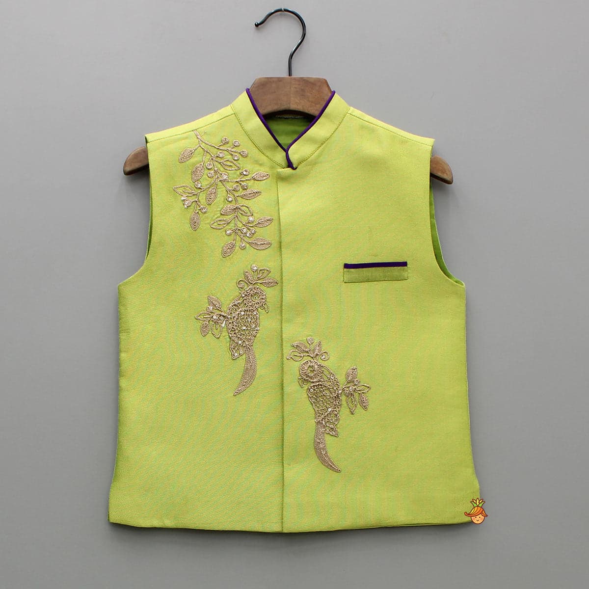 Pre Order: Green Kurta With Bird Embroidered Jacket And Pyjama view