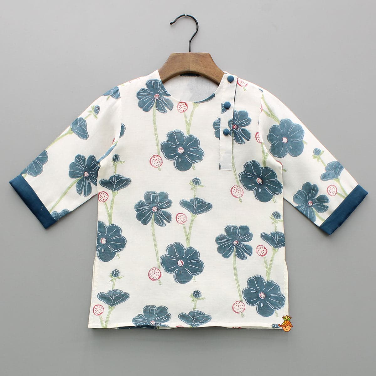 Cream Floral Hand Block Printed Kurta And Pyjama view
