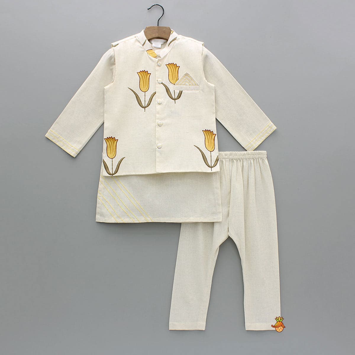 Off White Khadi Kurta With Yellow Tulip Printed Jacket And Pyjama