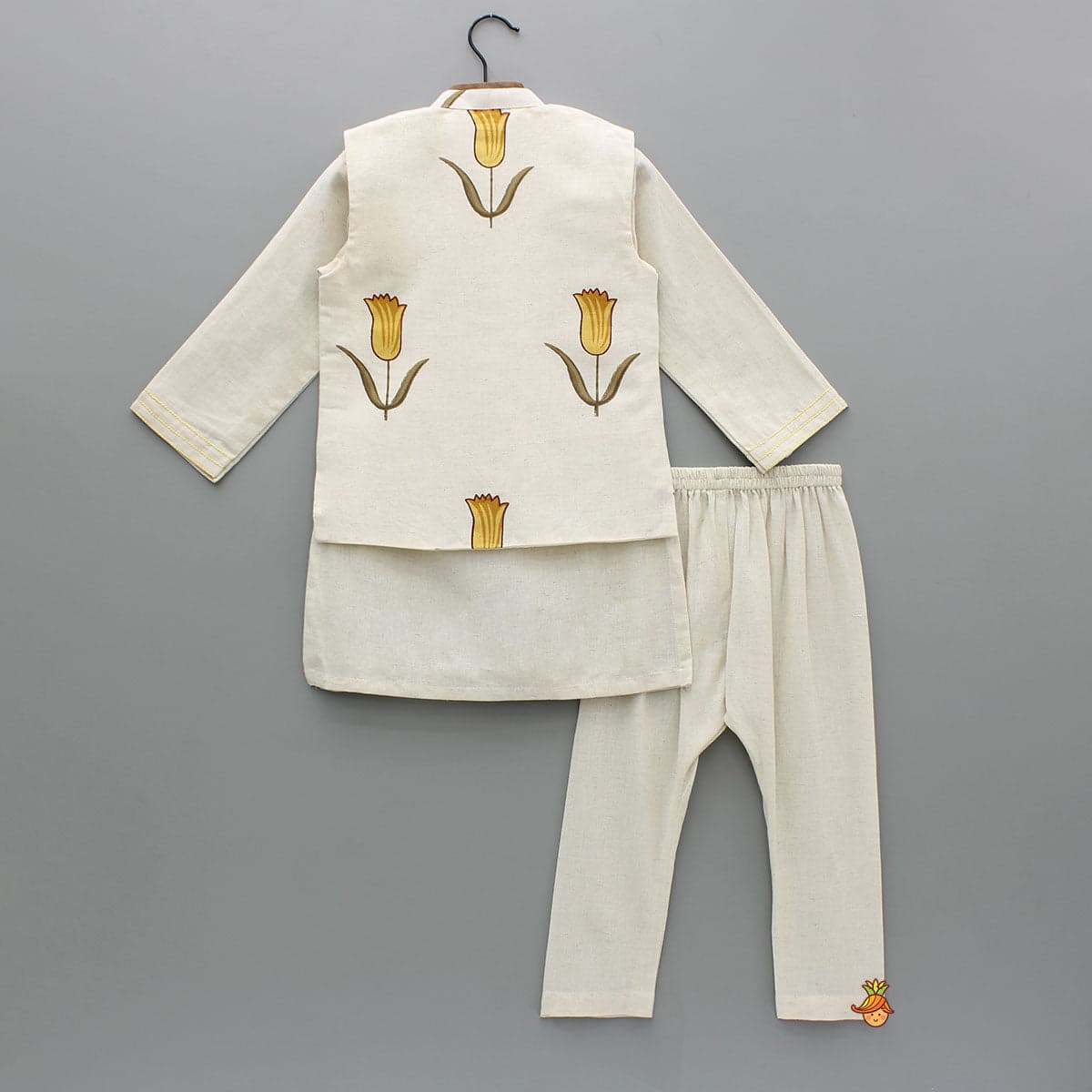 Off White Khadi Kurta With Yellow Tulip Printed Jacket And Pyjama view
