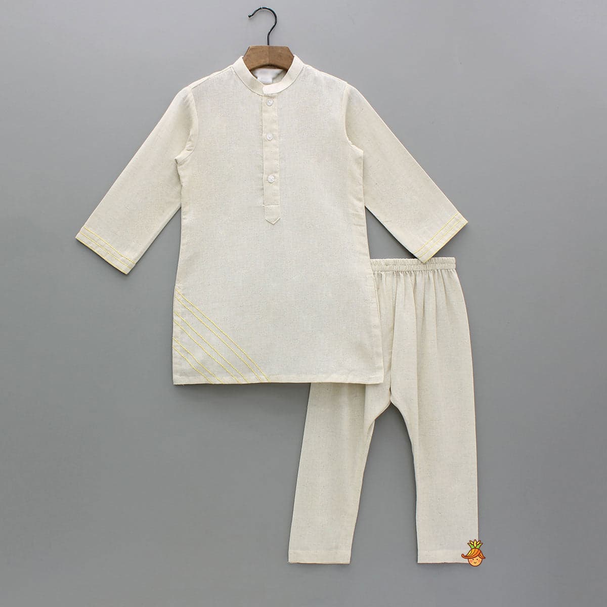 Off White Khadi Kurta With Yellow Tulip Printed Jacket And Pyjama view
