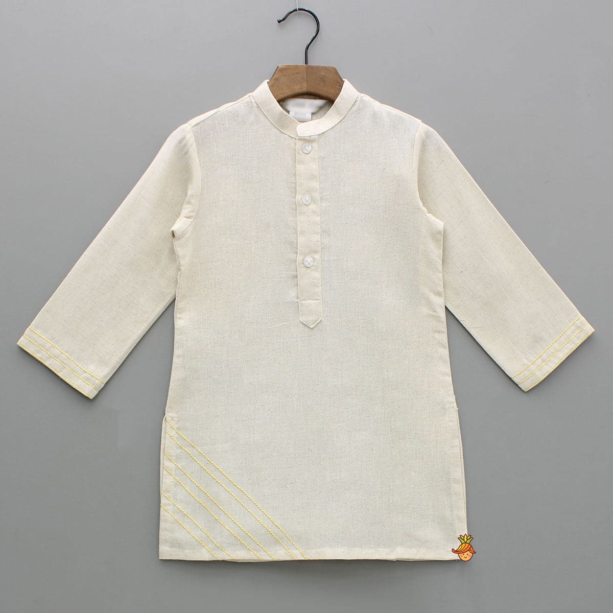 Off White Khadi Kurta With Yellow Tulip Printed Jacket And Pyjama view