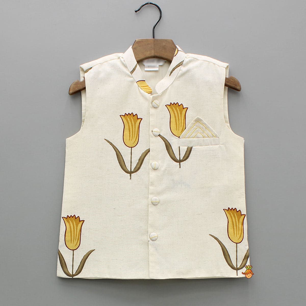Off White Khadi Kurta With Yellow Tulip Printed Jacket And Pyjama view